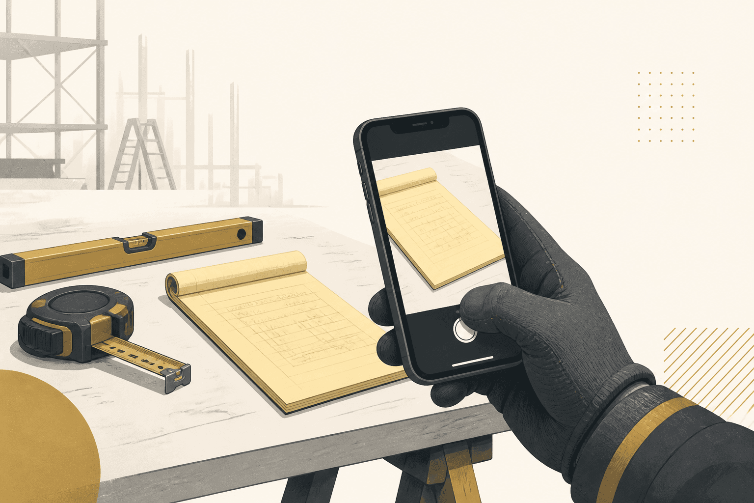 Illustration of photographing a handwritten job note. Process art, not a real job.